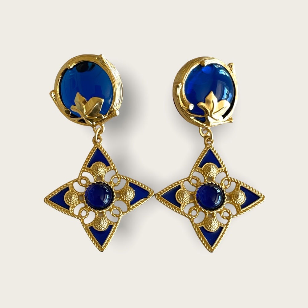 Macaron blue lucite cross huge pierced earrings .